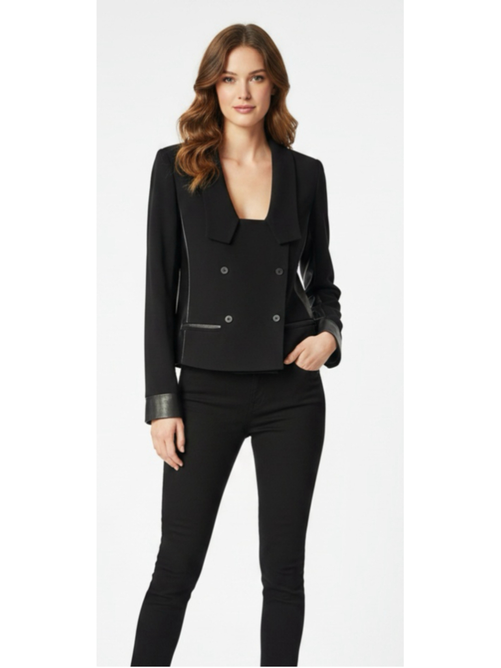 Diane von Furstenberg DVF Black Blazer Jacket Genuine Leather Trim Size 6